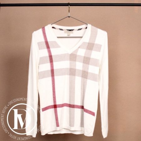Pull fin blanc cassé motifs tartan t.L - Burberry Dressingment Votre