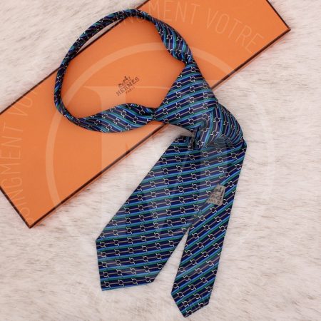 Cravate Vintage en soie bleue & vert - Hermès Dressingment Votre